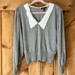 QED London * Grey Knit with Eyelet Collar and Puff Sleeve